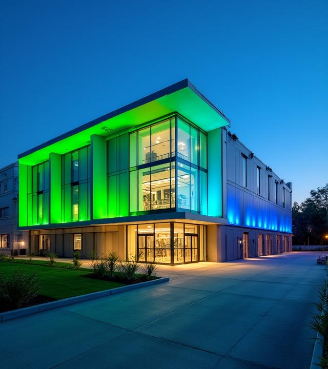 Modern Solstice Vaults facility exterior featuring cloud-integrated security gates and luminous glass architecture