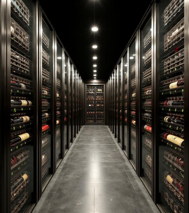 Sophisticated collectors storage featuring temperature controlled wine cellar and art racks