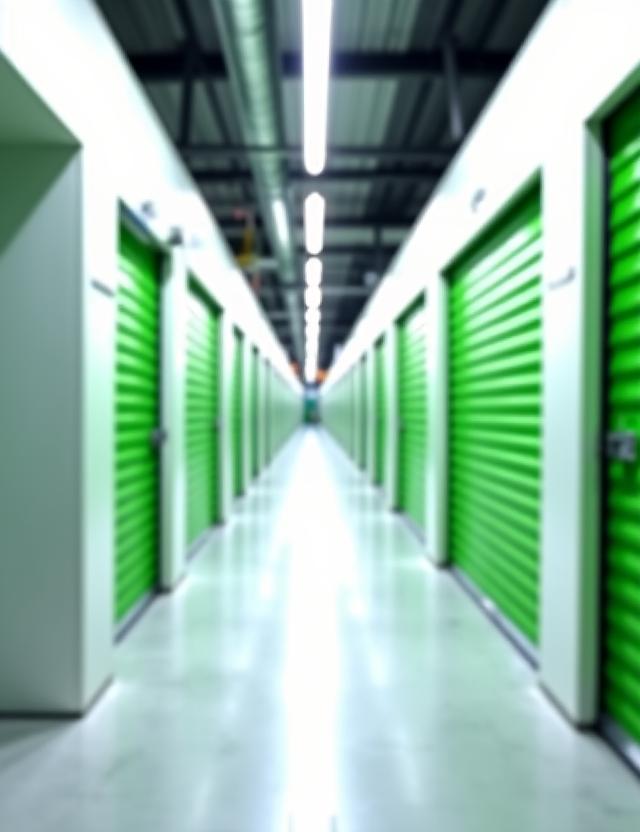 Clean modern storage facility hallway with green roll-up doors