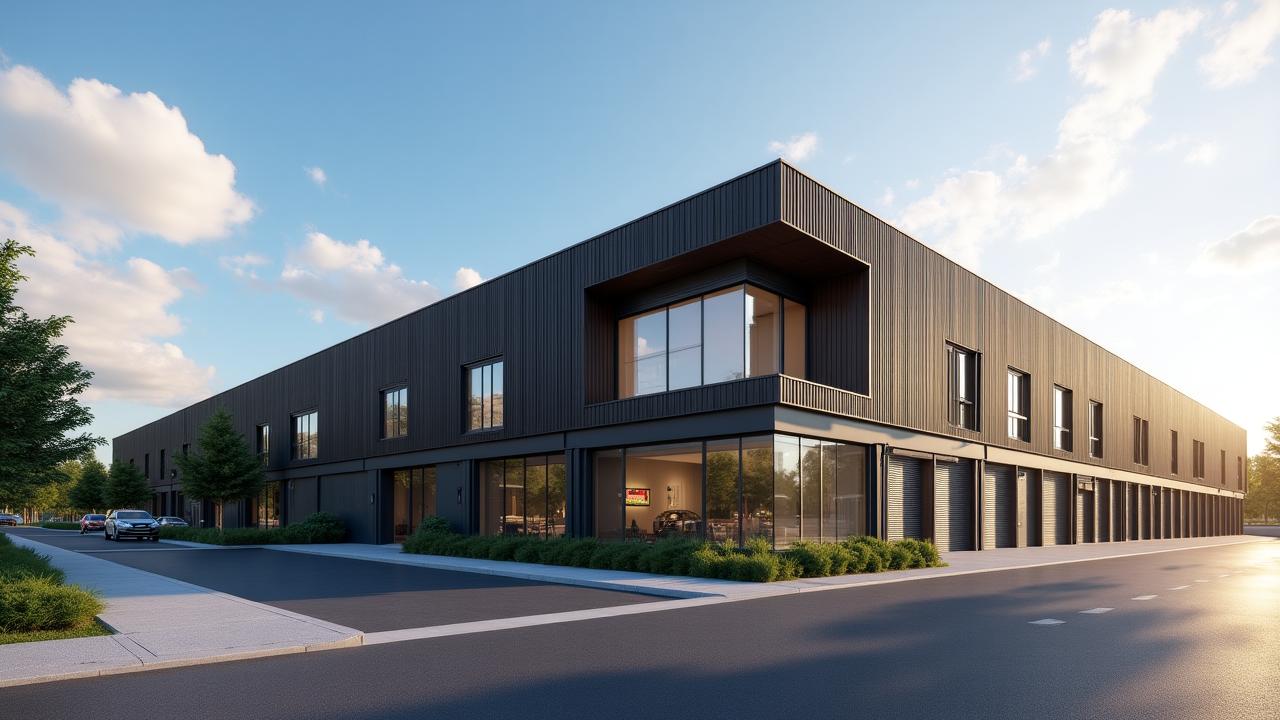 Modern industrial storage condo exterior with high-end finishes