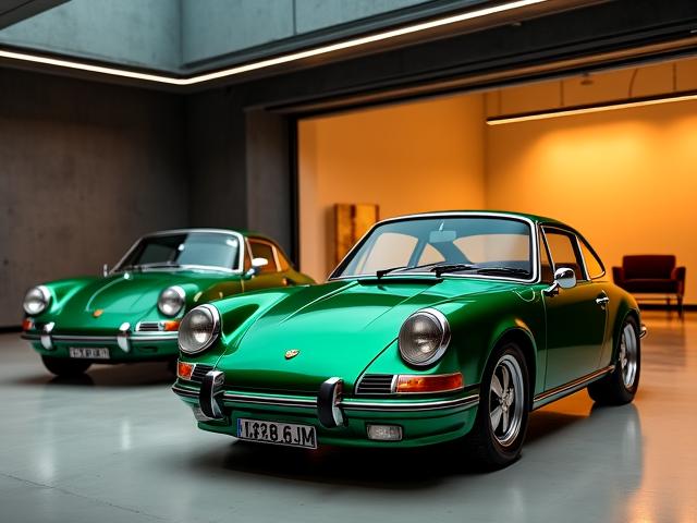 Luxury classic car collection in a climate-controlled storage condo with a lounge